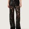 Pantaloni da donna in tulle con ricami floreali in paillettes nere