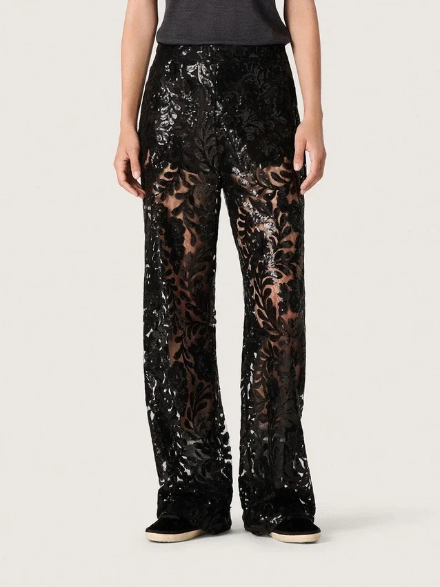 Pantaloni da donna in tulle con ricami floreali in paillettes nere