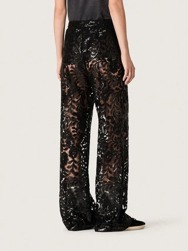 Pantaloni da donna in tulle con ricami floreali in paillettes nere