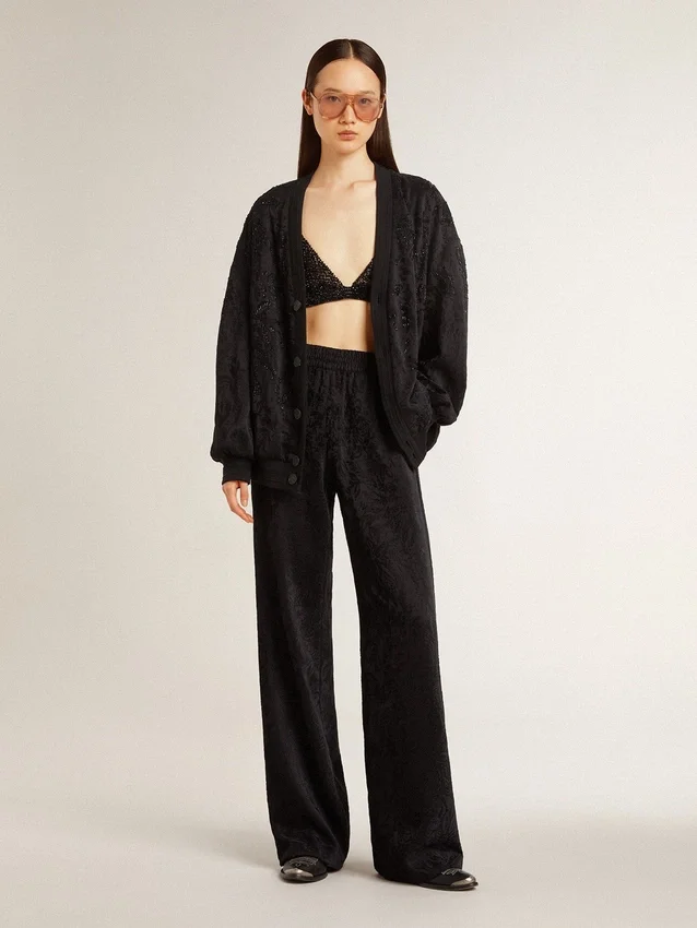 Pantaloni da jogging da donna neri con stampa toile de jouy tono su tono