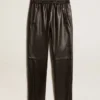 Pantaloni da jogging neri in pelle nappa con cerniera sul fondo