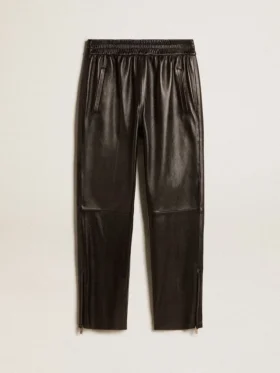 Pantaloni da jogging neri in pelle nappa con cerniera sul fondo