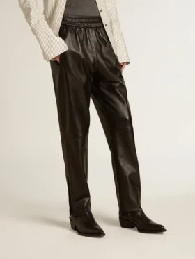 Pantaloni da jogging neri in pelle nappa con cerniera sul fondo