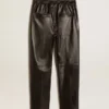 Pantaloni da jogging neri in pelle nappa con cerniera sul fondo