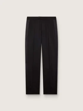 Pantaloni da uomo in lana nera con striscia laterale in raso