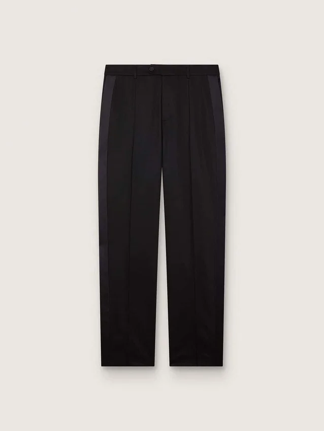 Pantaloni da uomo in lana nera con striscia laterale in raso