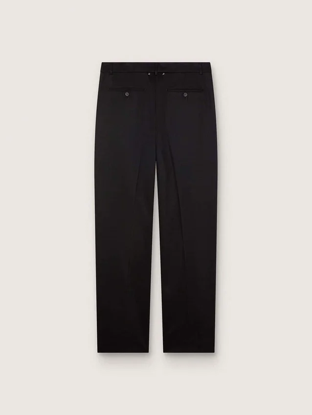 Pantaloni da uomo in lana nera con striscia laterale in raso