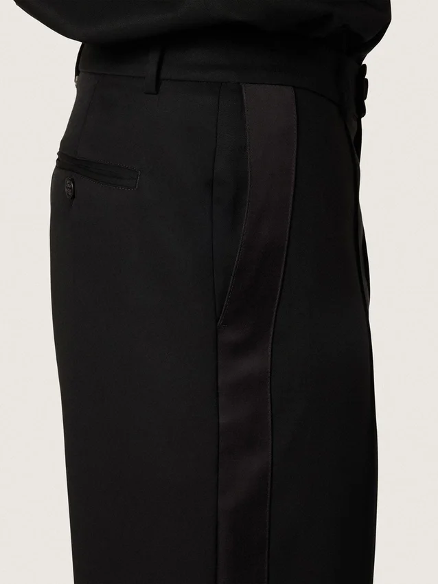 Pantaloni da uomo in lana nera con striscia laterale in raso
