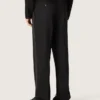 Pantaloni da uomo in lana nera con striscia laterale in raso