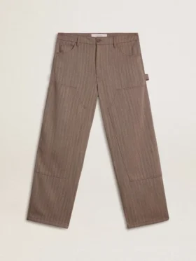 Pantaloni da uomo in misto lana con motivo a micro chevron marrone chiaro