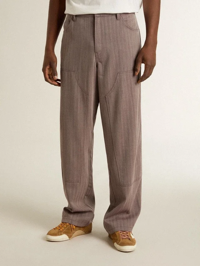 Pantaloni da uomo in misto lana con motivo a micro chevron marrone chiaro