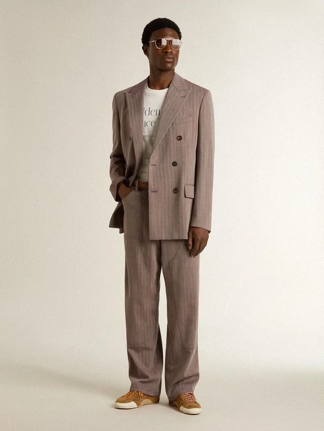 Pantaloni da uomo in misto lana con motivo a micro chevron marrone chiaro