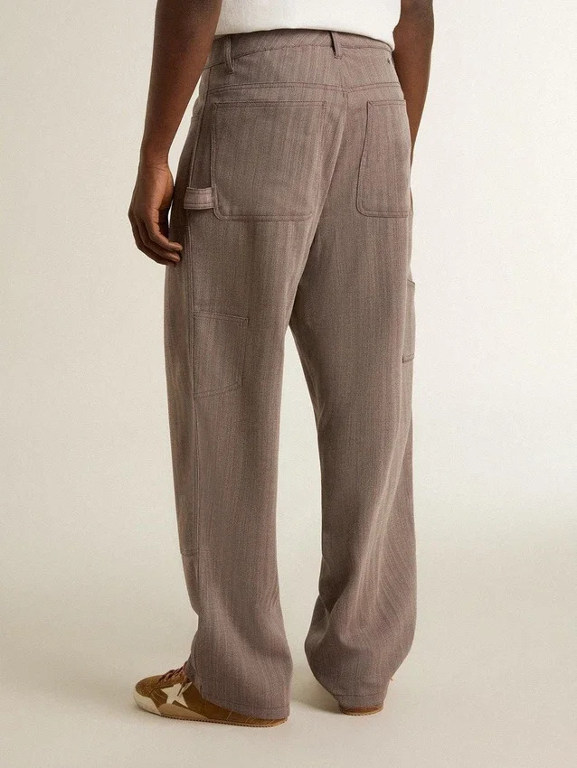 Pantaloni da uomo in misto lana con motivo a micro chevron marrone chiaro