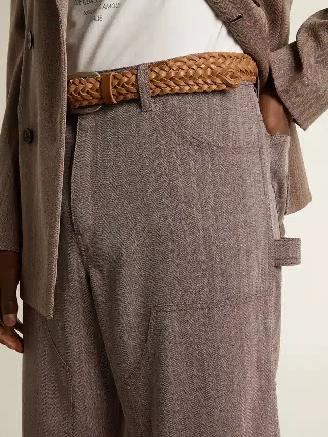 Pantaloni da uomo in misto lana con motivo a micro chevron marrone chiaro