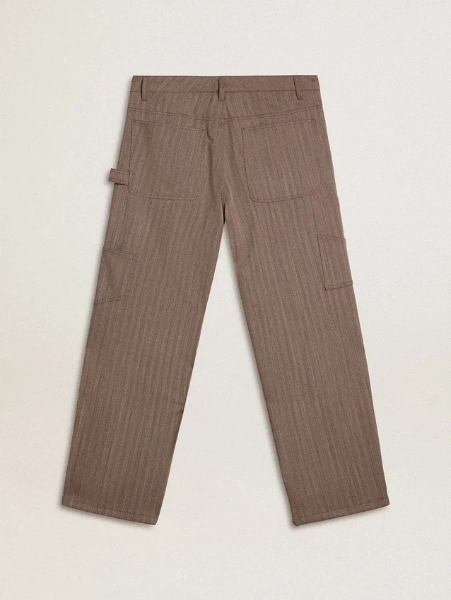 Pantaloni da uomo in misto lana con motivo a micro chevron marrone chiaro