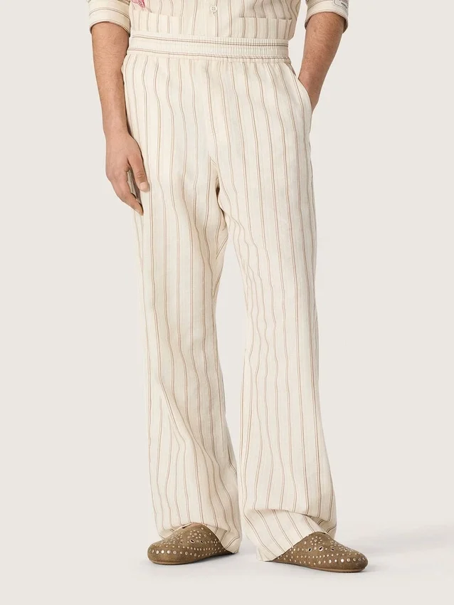 Pantaloni della tuta unisex in cotone e lino a righe color ecru e sabbia