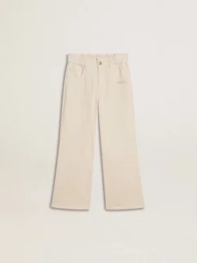 Pantaloni larghi a costine color crema per bambine con ricami