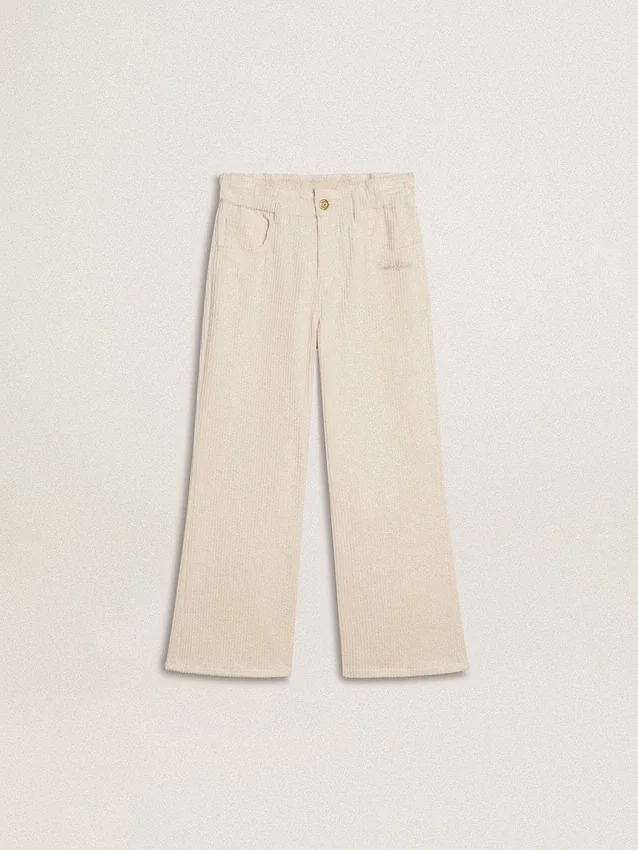 Pantaloni larghi a costine color crema per bambine con ricami