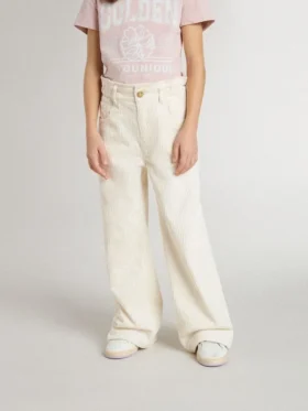 Pantaloni larghi a costine color crema per bambine con ricami