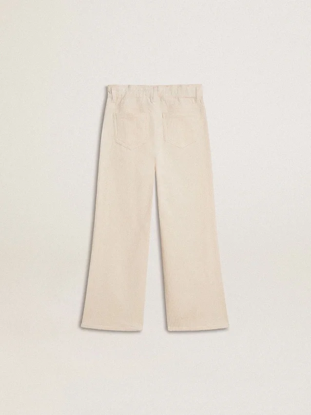 Pantaloni larghi a costine color crema per bambine con ricami