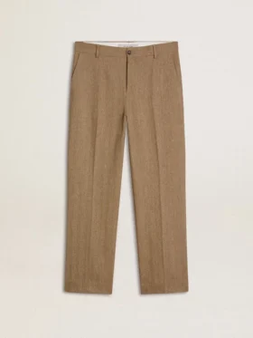 Pantaloni sartoriali in misto lino con motivo a chevron color sabbia