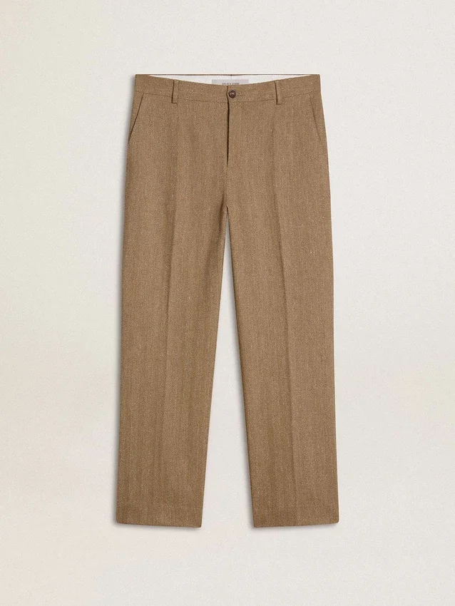 Pantaloni sartoriali in misto lino con motivo a chevron color sabbia