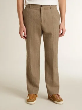 Pantaloni sartoriali in misto lino con motivo a chevron color sabbia