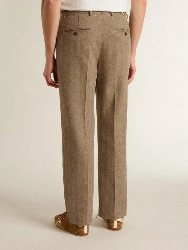 Pantaloni sartoriali in misto lino con motivo a chevron color sabbia