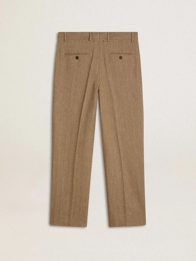 Pantaloni sartoriali in misto lino con motivo a chevron color sabbia