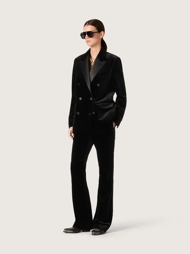 Pantaloni svasati slim fit da donna in velluto di cotone nero