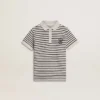 Polo da bambino in cotone bianco con strisce blu navy e ricamo