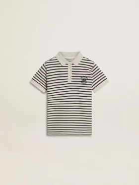Polo da bambino in cotone bianco con strisce blu navy e ricamo