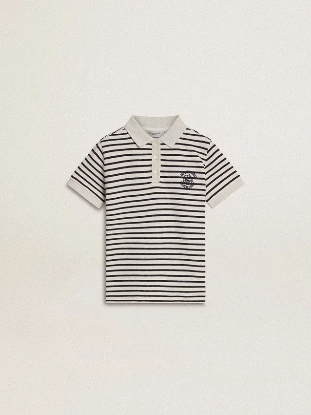 Polo da bambino in cotone bianco con strisce blu navy e ricamo
