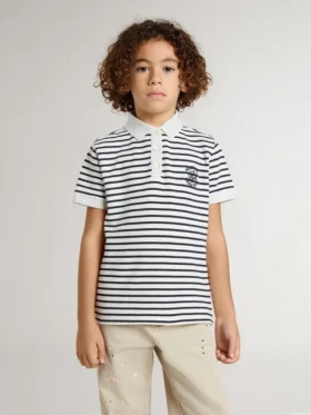 Polo da bambino in cotone bianco con strisce blu navy e ricamo