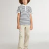 Polo da bambino in cotone bianco con strisce blu navy e ricamo