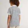 Polo da bambino in cotone bianco con strisce blu navy e ricamo