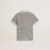 Polo da bambino in cotone bianco con strisce blu navy e ricamo