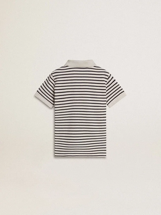 Polo da bambino in cotone bianco con strisce blu navy e ricamo