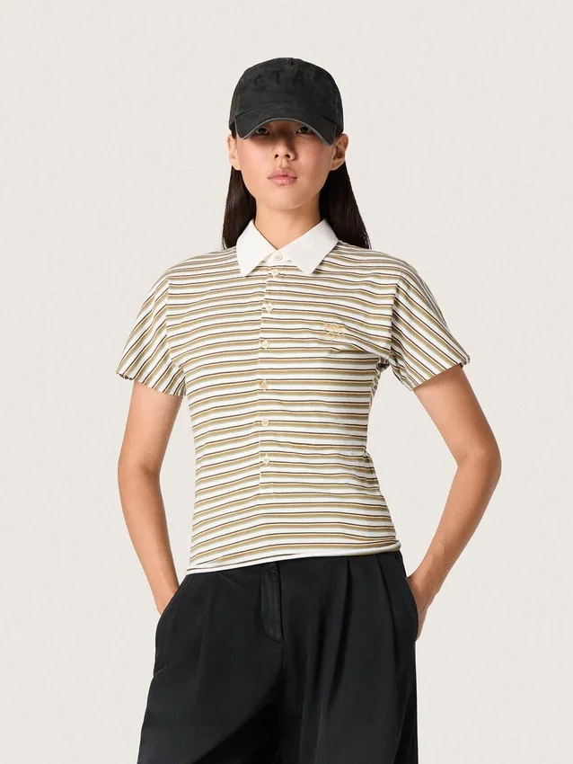 Polo da donna in jersey a righe con colletto a contrasto
