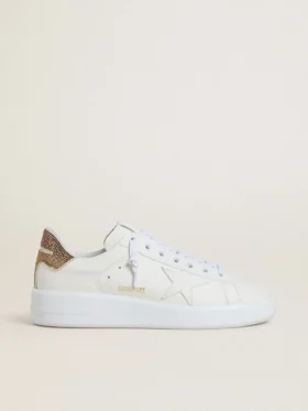 Purestar da donna con stella in pelle bianca e linguetta sul tallone con cristalli marroni