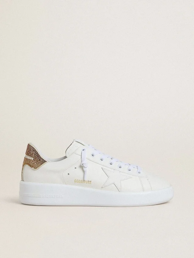 Purestar da donna con stella in pelle bianca e linguetta sul tallone con cristalli marroni