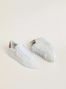 Purestar da donna con stella in pelle bianca e linguetta sul tallone con cristalli marroni
