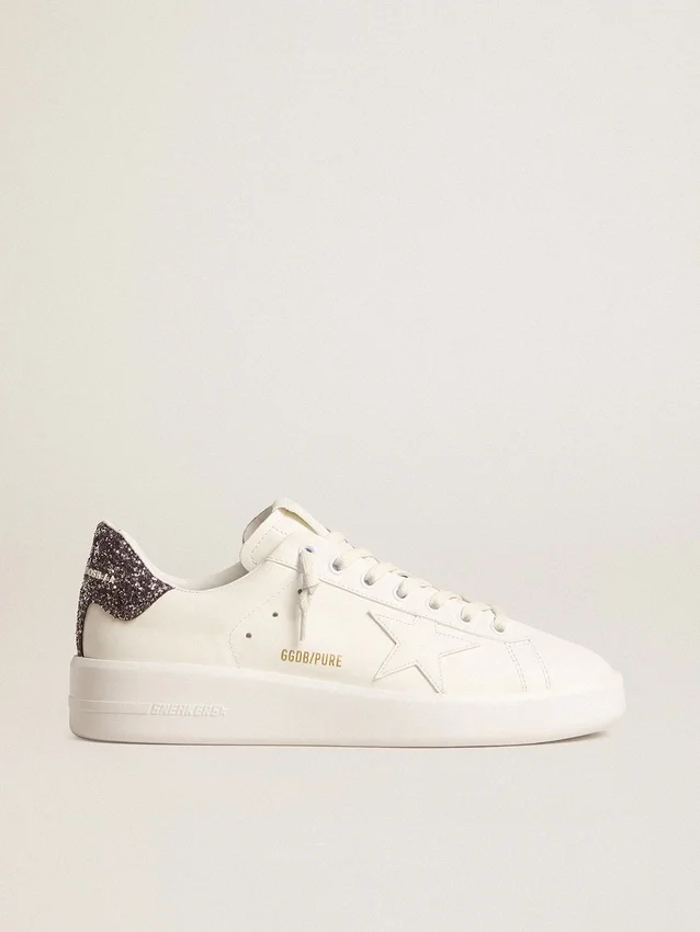 Purestar da donna con stella in pelle bianca e linguetta sul tallone glitterata antracite