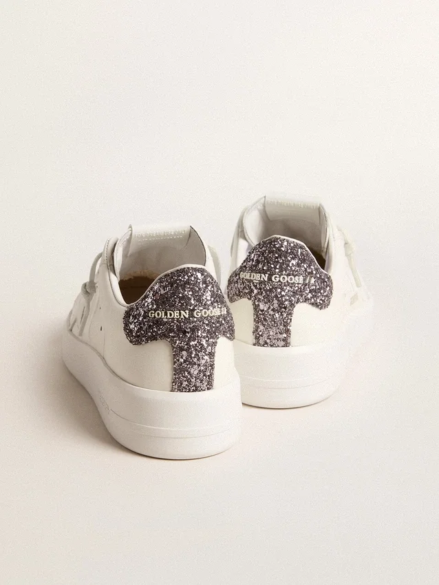 Purestar da donna con stella in pelle bianca e linguetta sul tallone glitterata antracite