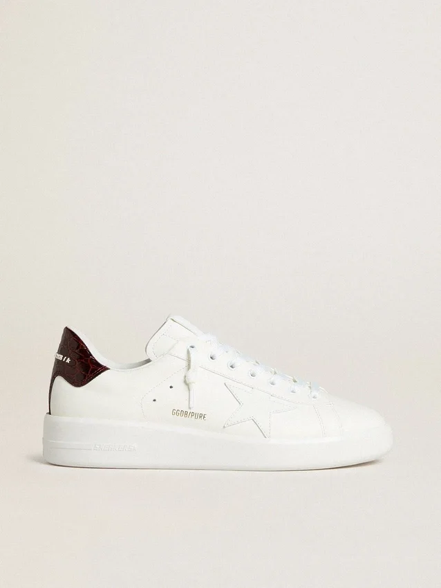 Purestar da uomo con stella in pelle bianca e linguetta sul tallone in pelle bordeaux con stampa coccodrillo