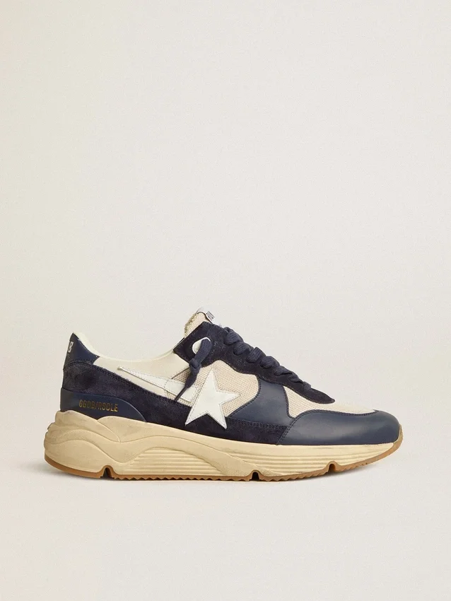 Running Sole in mesh color crema e pelle blu con una stella in pelle bianca
