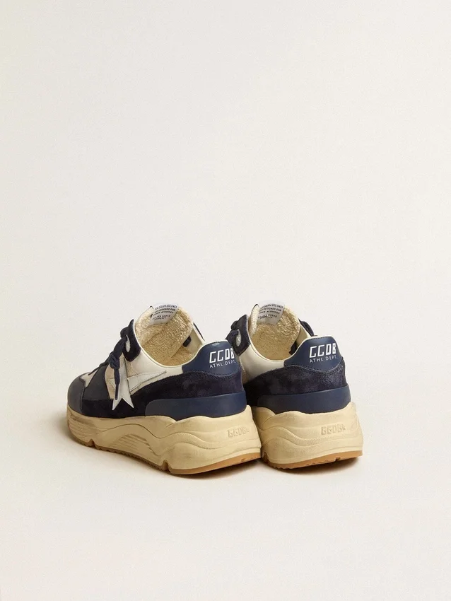 Running Sole in mesh color crema e pelle blu con una stella in pelle bianca