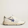 Running Sole in pelle bianca e rete con stella in pelle laminata blu