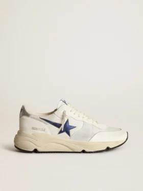Running Sole in pelle bianca e rete con stella in pelle laminata blu