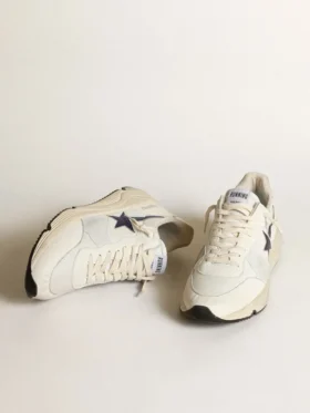 Running Sole in pelle bianca e rete con stella in pelle laminata blu